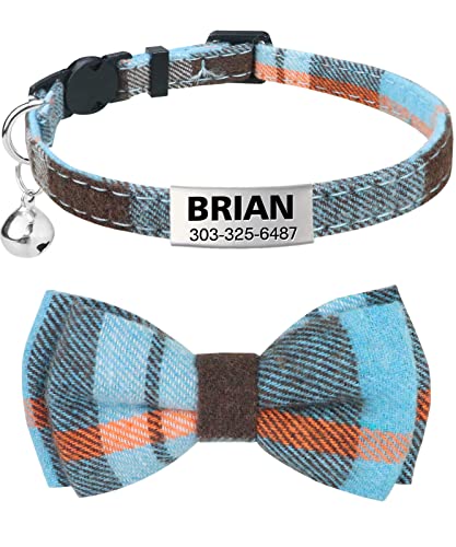 TagME Personalized Cat Collar, Breakaway Tartan Kitten Collar with Cute Bow Tie & Bell, Stainless Steel Slide-on Pet ID Tag Engraved with Name & Phone Numbers, Haze Blue 1 Count (Pack of 1)