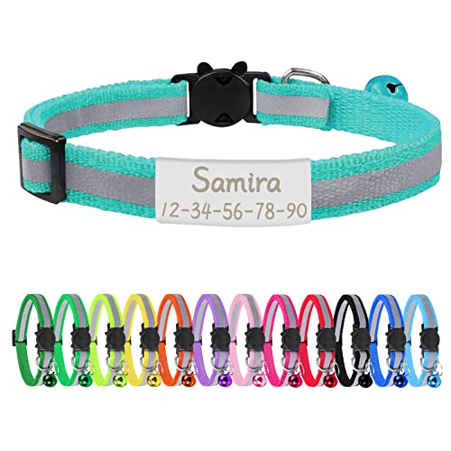 CAMAL Reflective Cat Collar Personalized with Pet ID Tag, Safety Breakaway Cat Collar with Name Tag, Mint Green Kitten Collar with Bell for Boy Girl Cats Puppies