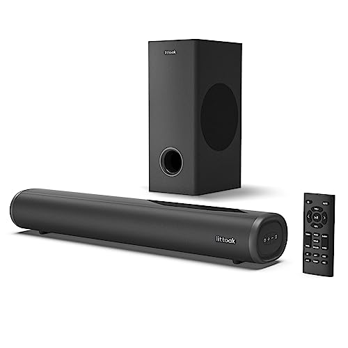 littoak Soundbar with Subwoofer, 2.1 soundbar for TV, PC Gaming, Home Audio, Bluetooth 5.0/HDMI ARC/Optical/AUX/USB Connection, Bass Adjustable, Wall Mountable, Remote Control, 16 Inch