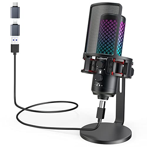 ZealSound Gaming USB Microphone for iPhone Phone PC, All Metal Microphones with Quick Mute, RGB Indicator, Pop Filter, Shock Mount, Gain Control for Computer Streaming Discord Twitch Podcasts Videos