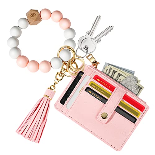 Hicdaw Wristlet Keychain Bracelet Wallet Keyring with Gift Box Silicone Bead Bangle 9 slots Card Holder Key Chains for Women (Pink)