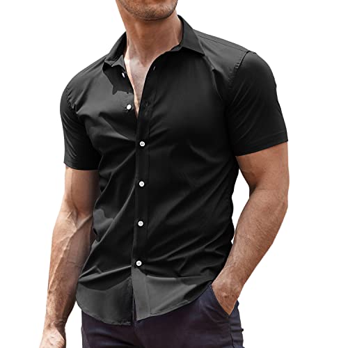 COOFANDY Men's Muscle Fit Dress Shirts Wrinkle-Free Short Sleeve Casual Button Down Shirt Black