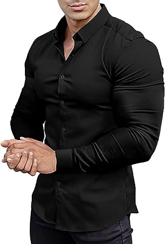 EOUOSS Mens Muscle Fit Dress Shirts Athletic Slim Fit Long Sleeve Stretch Wrinkle-Free Casual Button Down Shirt Black Large