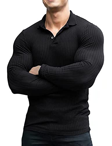 COOFANDY Men's Slim Fit Lightweight Sweater Polo Shirt Ribbed Knit Muscle Fit Polo Black