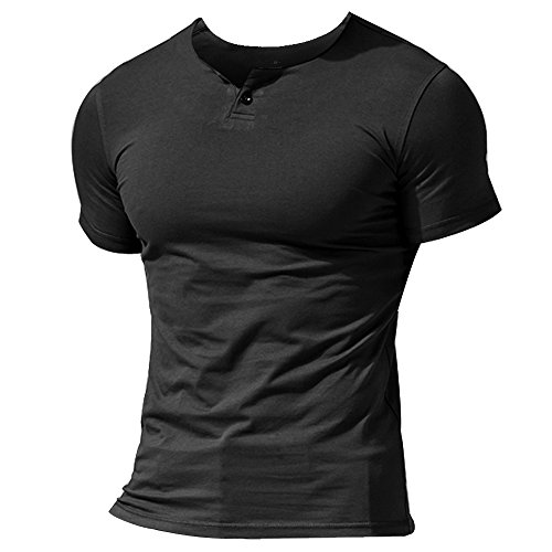 Muscle Alive Mens Summer Casual Short Sleeve Henleys T-Shirt Single Button Placket Plain v Neck Shirts Black Color Size L