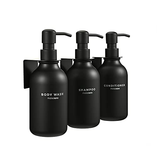 MaisoNovo Shampoo Dispenser for Shower Wall 3 Chamber - Drill Free Soap Dispenser Wall Mount with Waterproof Labels | 3 Black Plastic Bottles 3 Black Wall Mounts