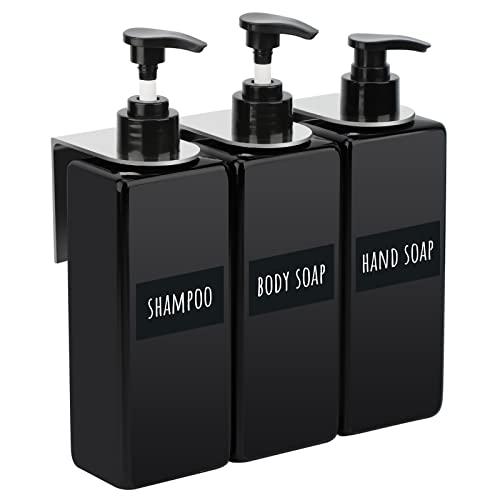 Segbeauty Soap Dispenser Wall Mounted, 3pcs 16.9oz Drill Free Shampoo Bottles with Waterproof Labels, Refillable Plastic Shower Dispenser Set Soap Holder Shower Accessories for Shower Wall Black