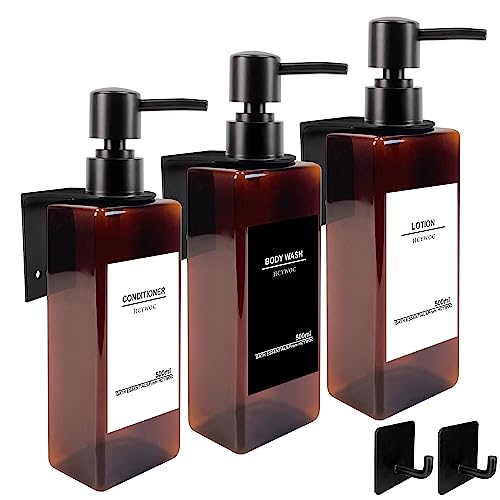 Shampoo Dispenser for Shower Wall, Shampoo and Conditioner Dispenser with 16 Waterproof Labels, No Drill Shower Soap Dispenser Bathroom, Shower Soap Dispenser Wall Mounted 3 chamber, 17oz, Black Amber