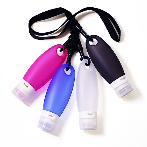 Fullplus Portable Silicone Squeezable Bottles Refillable Cosmetic Gym Containers Travel TSA Approved Tube Set with Shower Lanyard for Shampoo Lotion(3.3 oz,Pack of 4)