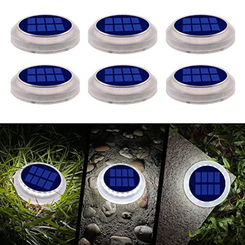 DetarZinLED Solar Deck Lights Outdoor Waterproof, 6 Pack White Deck Lights Solar Powered, Flat Solar Ground Disc Lights for Outdoor Pathway Driveway Step Yard Dock Walkway Patio