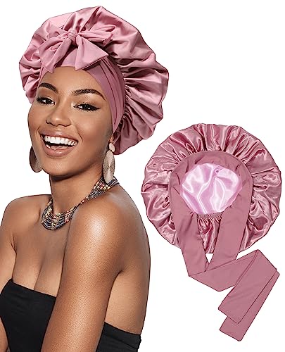 Satin Bonnet Silk Bonnet for Sleeping Silk Sleep Cap Double Layer Hair Bonnet with Elastic Tie Band for Curly Hair Night Cap (Bean Paste + Pink)