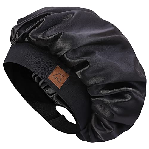 Hat Hut Satin Bonnet Silk Bonnet Sleep Cap for Women Hair Bonnet for Curly Natural Hair Sleeping Adjustable Wide Band Double Layer (Black)