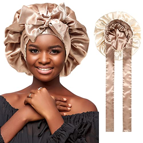 Satin Bonnet Silk Hair Bonnets for Women, Wrap for Sleeping Cap Reversible Bonnet with Tie Band Night Cap Double Layer Sleep Cap for Curly Hair (Reversible Satin Bonnet (Coffee + Champagne)