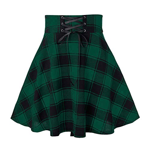 IDEALSANXUN Green Plaid Skirts for Women Plus Size A Line High Waisted Pleated Mini Skirt Y2K Clothes Clothing (Medium, Plaid Green)