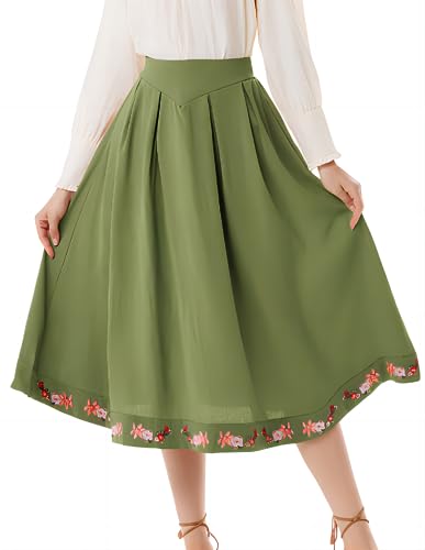 Peasant Skirts for Women Renaissance Vintage Midi Skirt with Pockets Light Green L