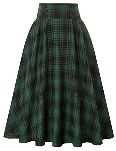 Belle Poque Women's Green Plaid Skirt Plus Size Elastic Waist Midi Skirts,X-Large