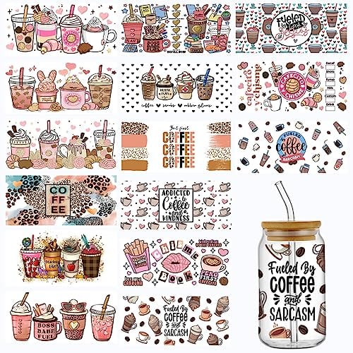 YOKUSHI UV DTF Cup Wrap Transfer Sticker for Glass, 15Sheets Rub on Transfers Stickers for Crafting Furniture-DIY Waterproof Decals UV DTF Transfer Sticker for 16OZ Libbey Glass Cups (Coffee Cup)