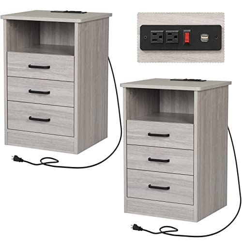 Tiptiper Nightstand Set of 2 with Charging Station,Grey Night Stands for Bedroom,Bedside Table with Drawers & USB Ports, 13.8D x 15.8W x 23.6H in