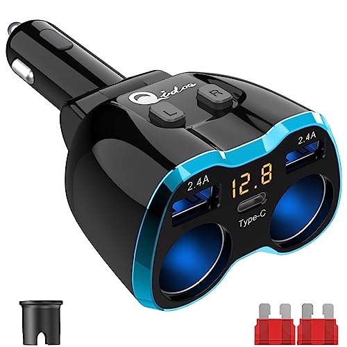 Cigarette Lighter Splitter: USB C 12V Car Charger Adapter 2 Socket Type C Multi 12 Volt Power Outlet 24V DC 80W with LED Voltmeter Switch 6.3A Dual USB Port for Mobile Cell Phone GPS Dash Cam