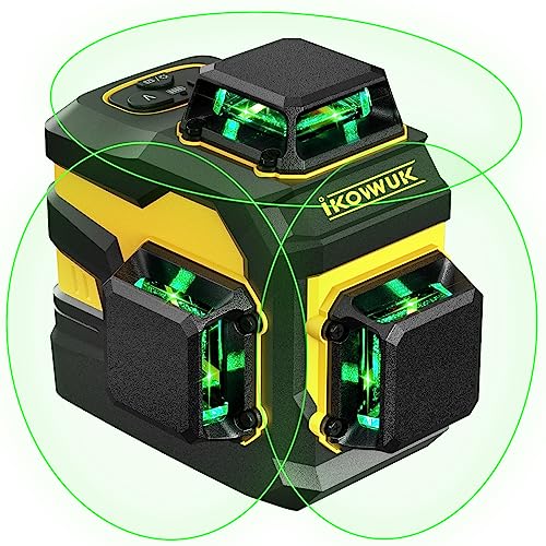 Laser Level, IKOVWUK 3x360 Cross Line for Construction and Picture Hanging, 12 Green Lasers with Self-leveling, 65 ft Vertical & Horizontal Line, Level Tool 5200 mAh Rechargeable Battery