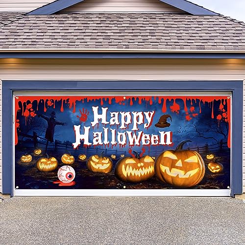 Vlipoeasn Halloween Garage Door Decorations, 7 x 16 Ft Halloween Garage Door Cover Banner, Pumpkin Ghost Extra Large Halloween Outdoor Party Photography Backdrop Sign Poster Decorations Supplies