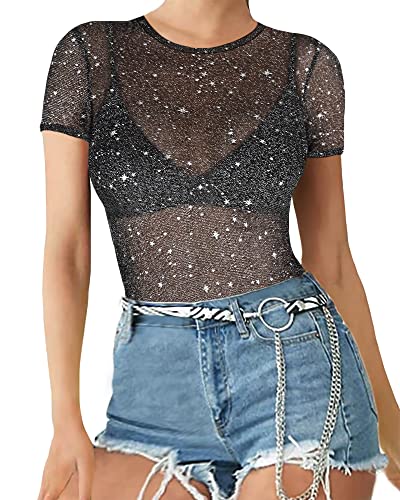 MANGOPOP Glitter Sheer Mesh Top Women Short Long Sleeve Sexy Shirt See Through Clubwear Tee Slim Blouse