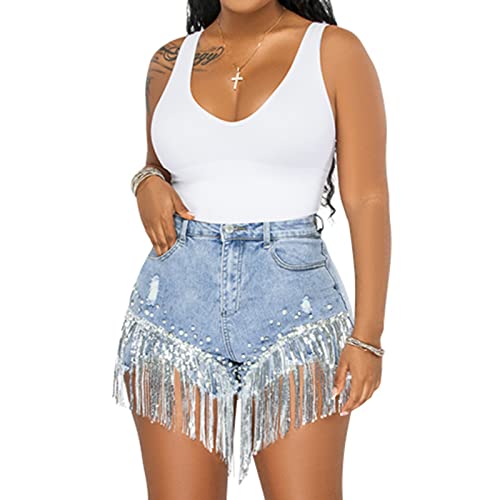 Cyparel Women Summer Denim Shorts High Waisted Ripped Rhinestone Pearl Beaded Fringe Tassels Frayed Raw Hem Blue Jean Shorts