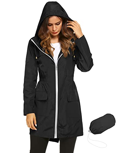 LOMON Raincoats Waterproof Lightweight Rain Jacket Active Outdoor Hooded Women's Trench Coats(Black XL)