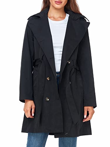 SaphiRose Women's Water-Resistant Trench Coat Double-Breasted Long Peacoat with Removable Hood(Black Medium)