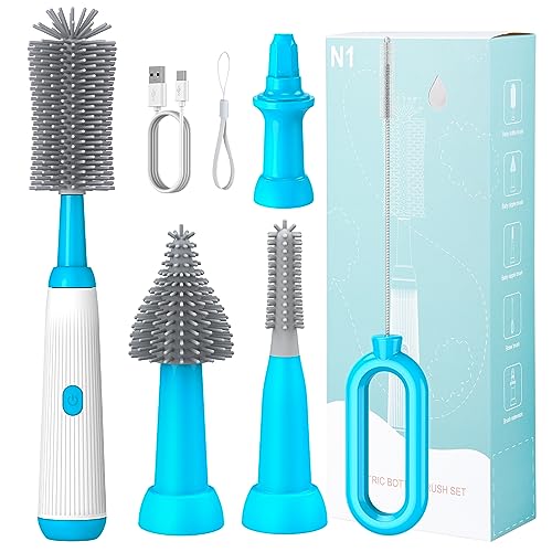 ZRFMIB Electric Bottle Brush Set with Baby Bottle Brush, 2 Nipple Brush, Straw Brush and Extension Handle, Rechargeable Bottle Brush Cleaner, for New Baby Family,Blue