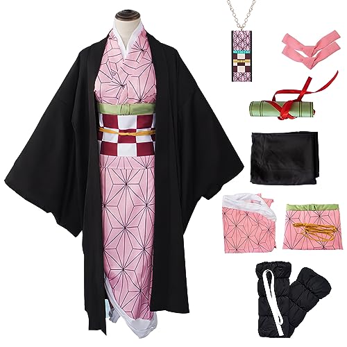 Mprocen Nezuko Sister Cosplay Costume Outfit Black Robe Pink Kimono Uniform Anime Costum Set Halloween for Girls