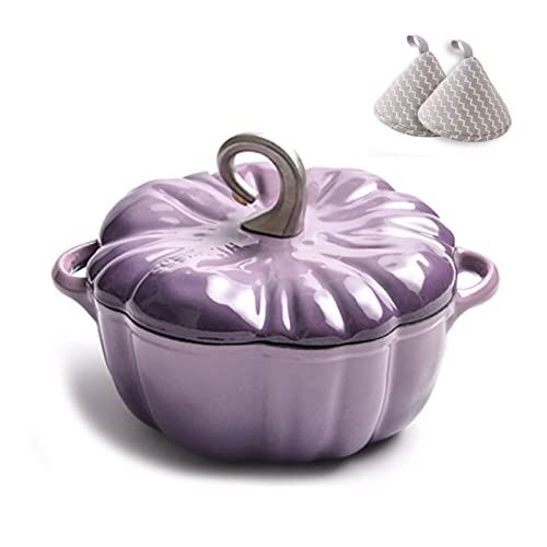 YLWX Cast Iron Dutch Oven, 3.7L Pumpkin Shape Cooking Dutch Pot, Enameled Induction Casserole, Cocotte Crock Pot (Color : Purple)