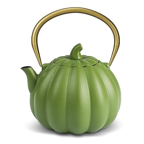 VICSKY Pumpkin Cast Iron Teapot (40 oz/1200 ml), Natural Pumpkin Shape, Sturdy Iron Tea Kettle Stovetop Safe, Tea Kettle with Enamel Coated, 304 Stainless Steel Infuser (Light Green)