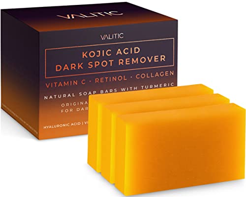 VALITIC Kojic Acid Dark Spot Remover Soap Bars with Vitamin C, Retinol, Collagen, Turmeric - Original Japanese Complex Infused with Hyaluronic Acid, Vitamin E, Shea Butter, Castile Olive Oil (3 Pack)