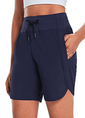 BALEAF Women's 7" Athletic Long Running Shorts Quick Dry Workout Hiking Shorts High Waisted Zipper Pocket Navy M