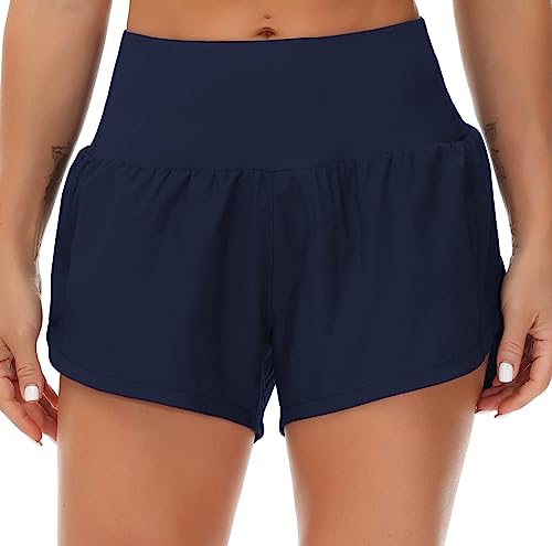 THE GYM PEOPLE Womens High Waisted Running Shorts Quick Dry Athletic Workout Shorts with Mesh Liner Zipper Pockets (Blue, Medium)