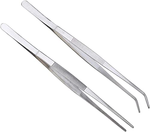 2 Pcs Straight and Curved Tip Tweezers 12 Inch, Stainless Steel Precision Tweezers Set with Serrated Tips Comfortable Ridged Handle, Tweezer Tongs for Cooking Repairing