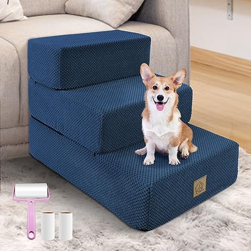 MESTUEL 3 Steps Dog Stairs for Sofa, Pet Stairs Ramp for Medium Small Dogs Cats, Dog Steps Ladder for Indoor Bed Couch Holds up to 60 lbs, Send Lint Roller Set, Blue