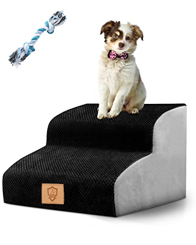 TNELTUEB High Density Foam Dog Stairs 2 Tiers, Extra Wide Deep Dog Steps, Non-Slip Dog Ramp, Soft Foam Pet Steps, Best for Dogs Injured,Older Cats,Pets with Joint Pain, with 1 Dog Rope Toy (Black)