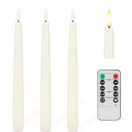 Flameless Taper Candles with 3D Wick, 9.6" Real Wax LED Candles with Remote and Timer, 3 Pack Flickering Candlesticks Battery Operated, Classic Tall Taper Candles for Home, Wedding, Party, Ivory