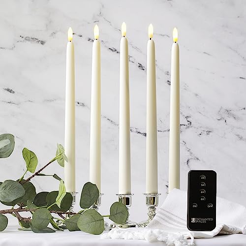 Enchanted Spaces Set of 5 Flameless LED Ivory 14" Taper Candles Featuring Realistic Black Wick with Daily Timer, Remote Control and 10 AA Batteries. Stands not Included