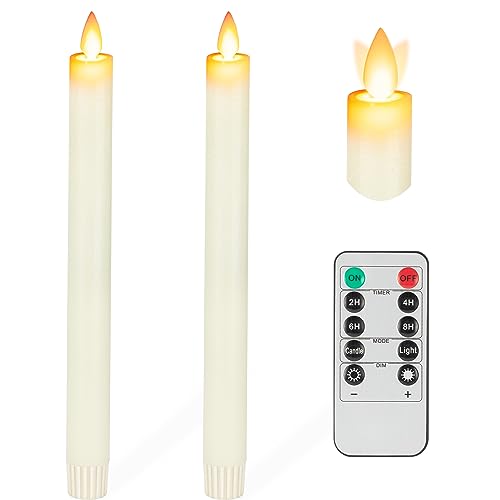Flameless Taper Candles with Moving Wick, 9.6" Real Wax LED Candles with Remote and Timer, 2 Pack Flickering Candlesticks Battery Operated Electric Candles for Home, Wedding, Party, Decor, Ivory