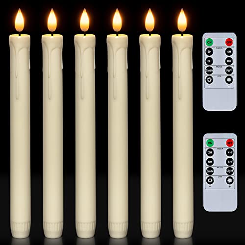 Homemory 6 Pcs Flameless Taper Candles with Remote, Timer, Dimmer, Ivory Battery Operated CandleSticks with Flickering Light, Plastic Led Window Candles, 9.6 Inches for Halloween Christmas Decoration