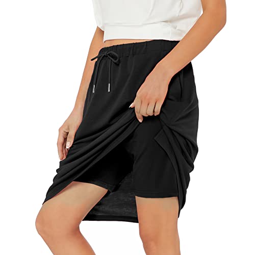 Zando Tennis Skirts for Women with Pockets Athletic Knee Length Golf Casual Skorts Shorts Sports Drawstring Waist Skirt Black X-Large