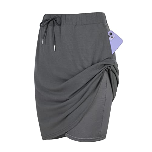 Century Star Tennis Skirts for Women with Pockets Golf Knee Length Skorts Athletic Sports Drawstring Waist Skirts with Shorts 02 Grey Large