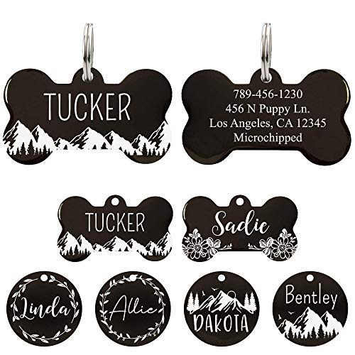 Ultra Joys Stainless Steel Pet ID Tag Dog Name Tags Personalized Front and Back Engraving, Customized Cat Tags, Optional Engraved on Both Sides, Bone Tag with Mountain Design, Large