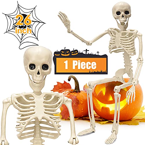 daboot 1 Piece Halloween Skeleton Decorations, 26'' Posable Skeleton Halloween Prop for Haunted House Indoor Outdoor Decoration Spooky Decor, Full Body with Movable Joints