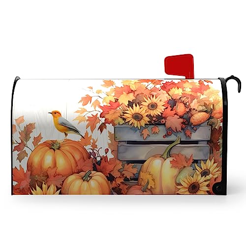 Dacawin Fall Mailbox Covers Magnetic Standard Size Sunflower Pumpkin Mailbox Cover Autumn Maple Leaf Bird Mailbox Post Cover Waterproof Mailbox Wraps Mailbox Decor for Garden Yard 21x18 Inch