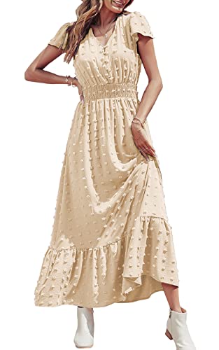 PRETTYGARDEN Womens Summer Dresses 2023 Casual Flowy Swiss Dot Long Maxi Dress for Wedding Guest Graduation (Apricot, Large)