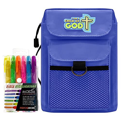 Children's Bible Cover Blue, Durable Zippered Bible Medium Carrying Case, Fits Bibles up to 8.50 x 6.25 x 2 inches with Pockets with 6 Assorted Gel Highlighter Pens